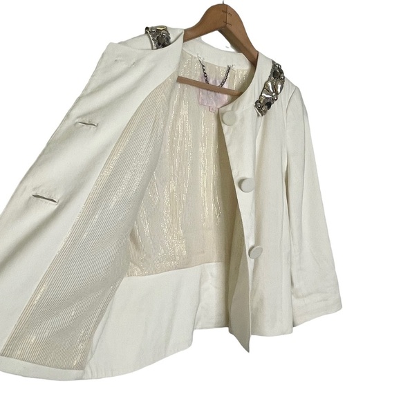 Rebecca Taylor | White Button Down Embellished Collar Linen Blend Jacket - Picture 5 of 12